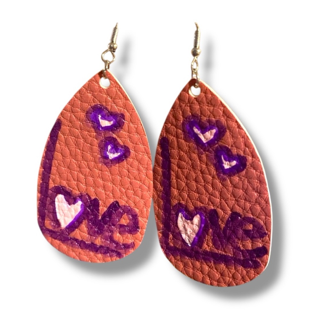Handcrafted Teardrop “Love” Earrings - Faux Leather Purple and Pink